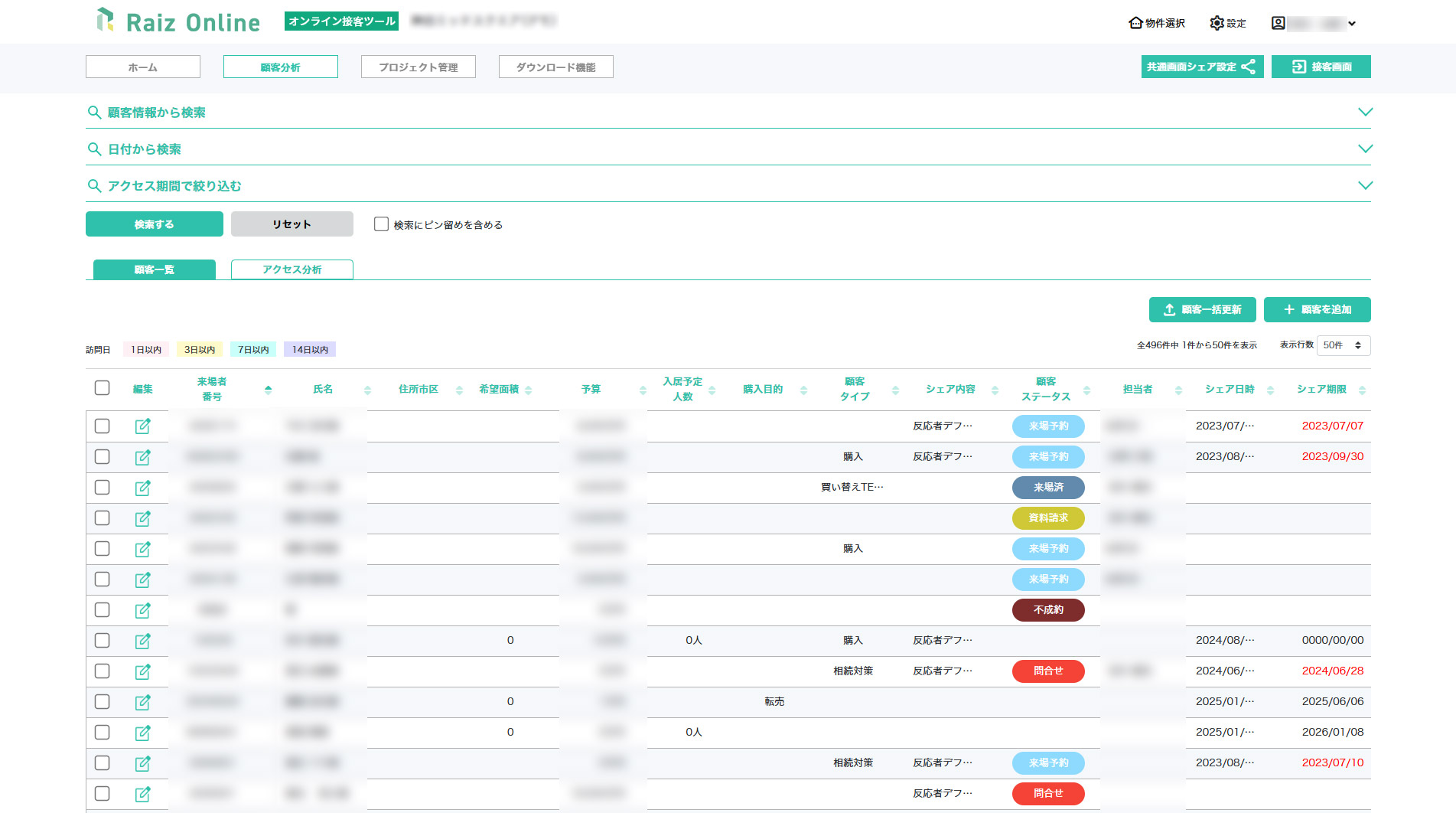 RaizOnlineマンション販売支援DXツール操作画面